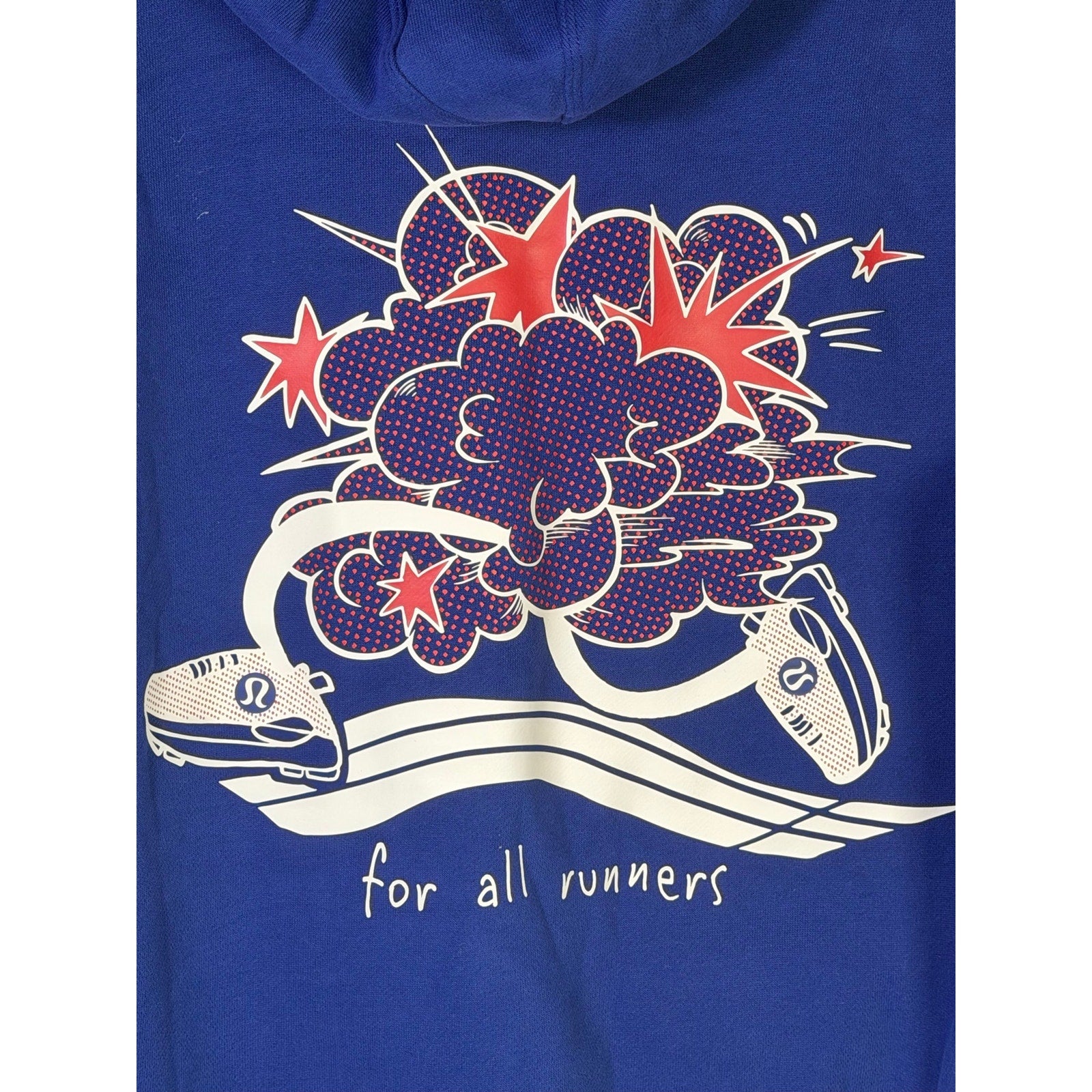 Lululemon women's blue For All Runners graphic pullover hoodie, size M, front view, soft fabric, casual athletic style