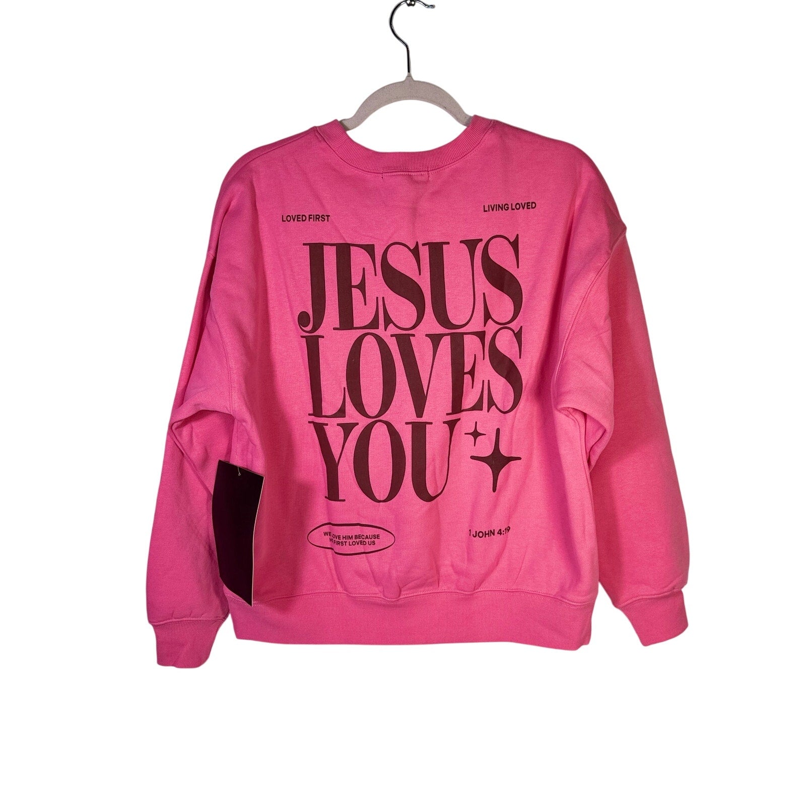 Revival Club pink Christian crewneck sweatshirt with "Jesus Loves You" print, size small, new with tags.