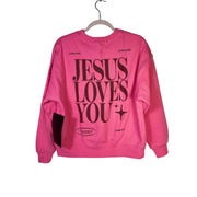 Revival Club pink Christian crewneck sweatshirt with "Jesus Loves You" print, size small, new with tags.