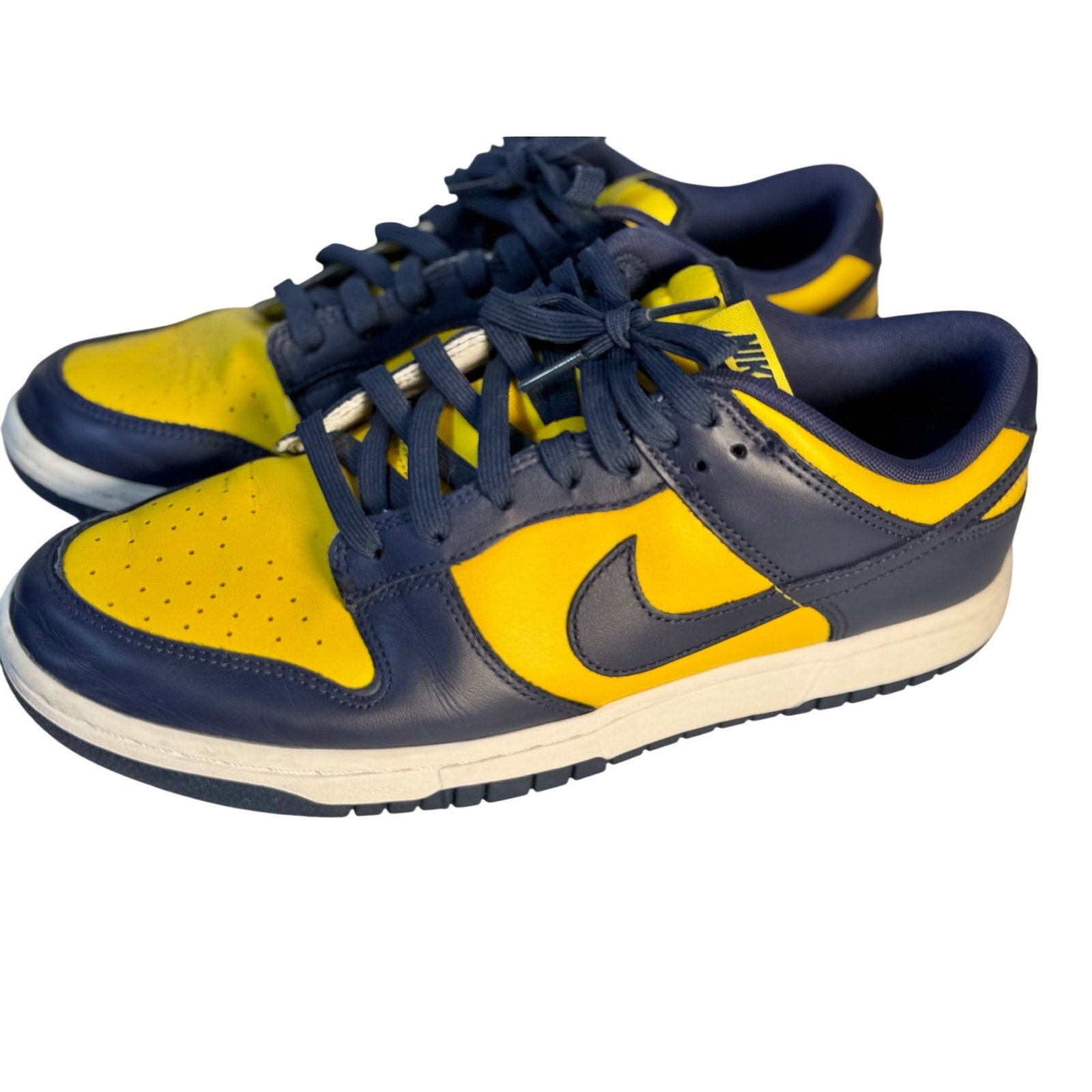 Nike Dunk Low Michigan Navy Yellow leather sneakers for men, US size 11, featuring navy and yellow color blocking and classic low-top design.