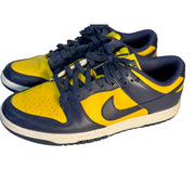 Nike Dunk Low Michigan Navy Yellow leather sneakers for men, US size 11, featuring navy and yellow color blocking and classic low-top design.