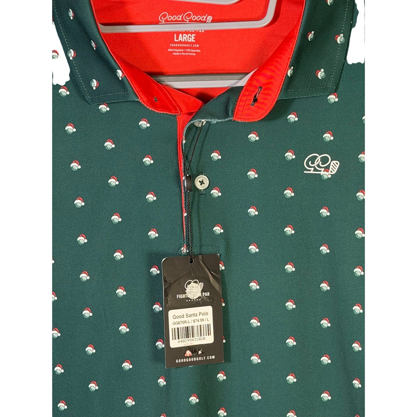Good Good men's Santa holiday golf polo in green, size large, featuring festive holiday design and comfortable fit.