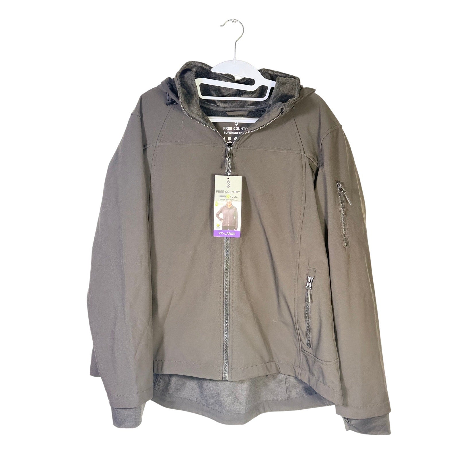 Gray fleece-lined hooded softshell jacket for women by Free Country, size 2XL, with a front zipper and cozy fit.