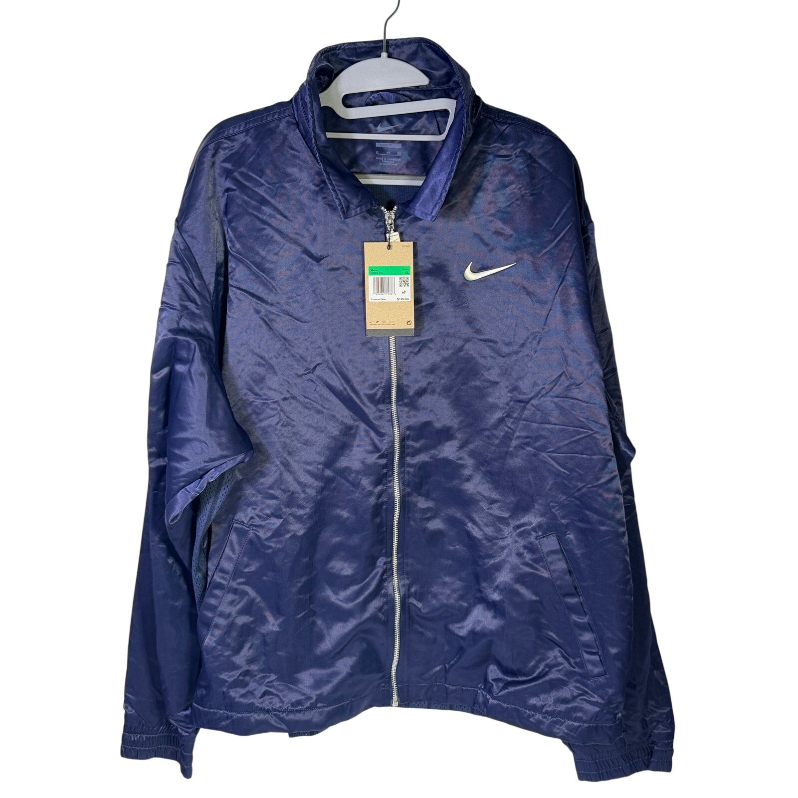 Nike men's navy blue full zip running jacket, lightweight, size XL, front view showing jacket details and Nike logo.