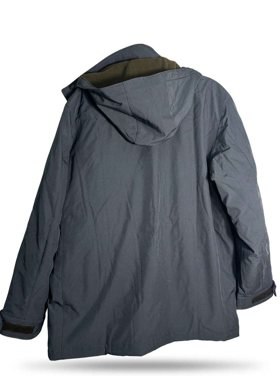 Men's navy blue Weatherproof stretch tech hooded jacket with quilted bib, men's large size, weather-resistant outdoor jacket.