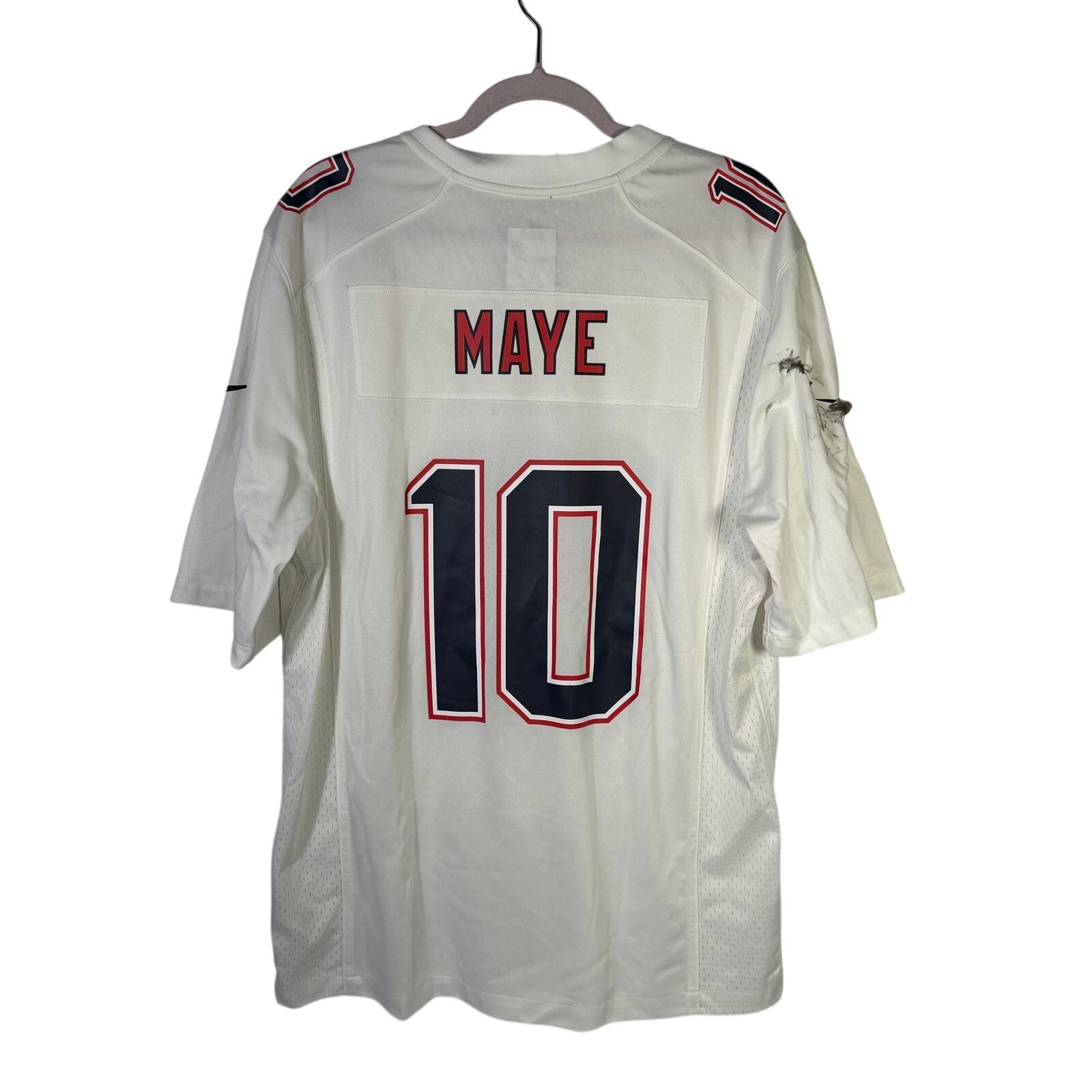 Nike NFL New England Patriots Drake Maye #10 white men's jersey, large size, with team logo and player number visible.