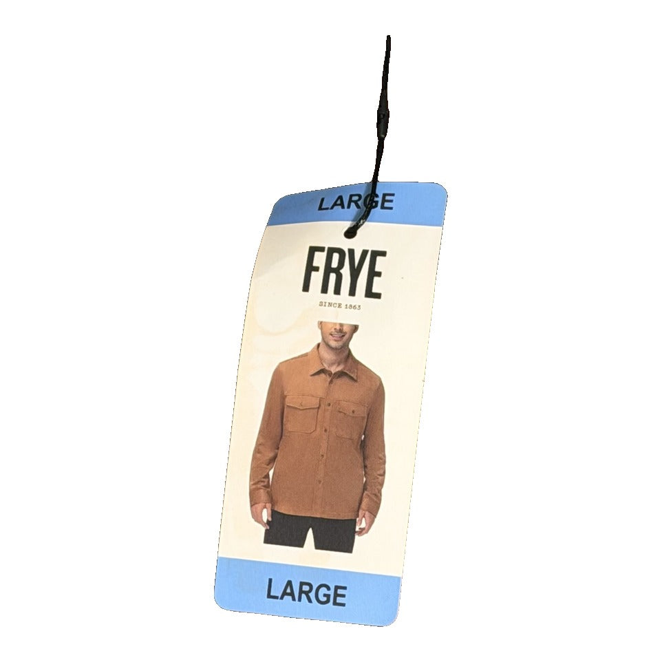 Frye men's camel tan faux suede snap button shirt jacket, large size, with visible collar and button details.