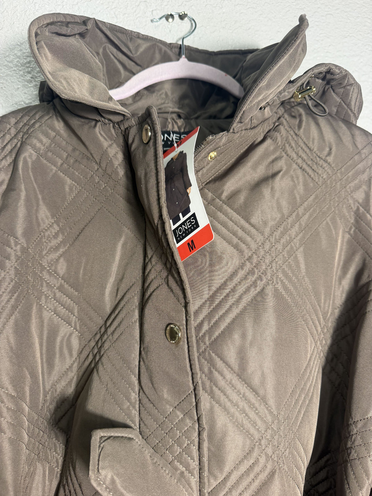Jones New York women's taupe brown quilted belted hooded coat, medium size, stylish and warm jacket with a cozy hood.