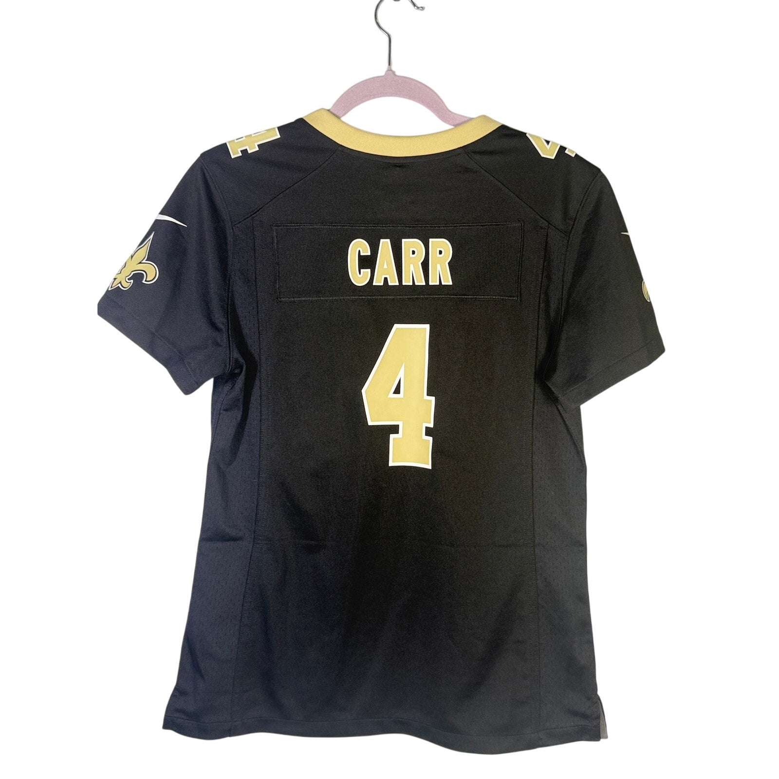 Nike women's New Orleans Saints Derek Carr #4 black game jersey, size M, with team and player details visible.