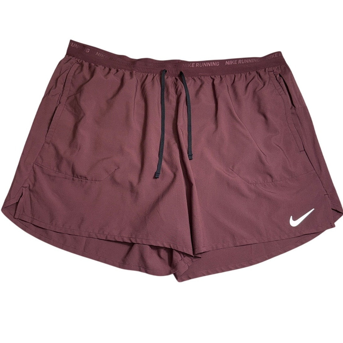 Nike men's Burgundy Crush Dri-FIT 5-inch running shorts, size XXL, lightweight athletic shorts with breathable fabric.