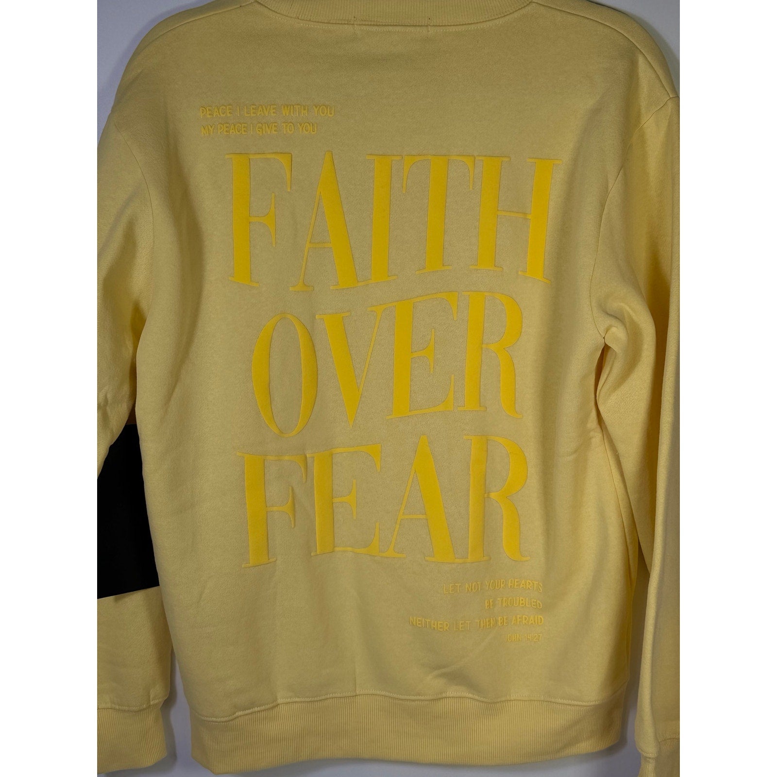 Yellow Revival Club Faith Cross crewneck sweatshirt in size S, featuring Christian-themed design on soft fabric.