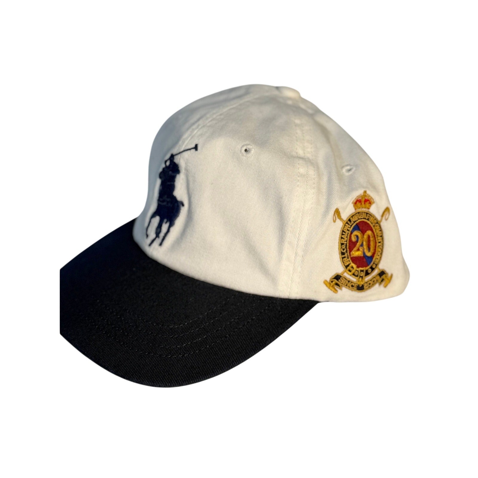 Polo Ralph Lauren white adjustable baseball cap with 20th Anniversary Big Pony logo, front view, new with tags.