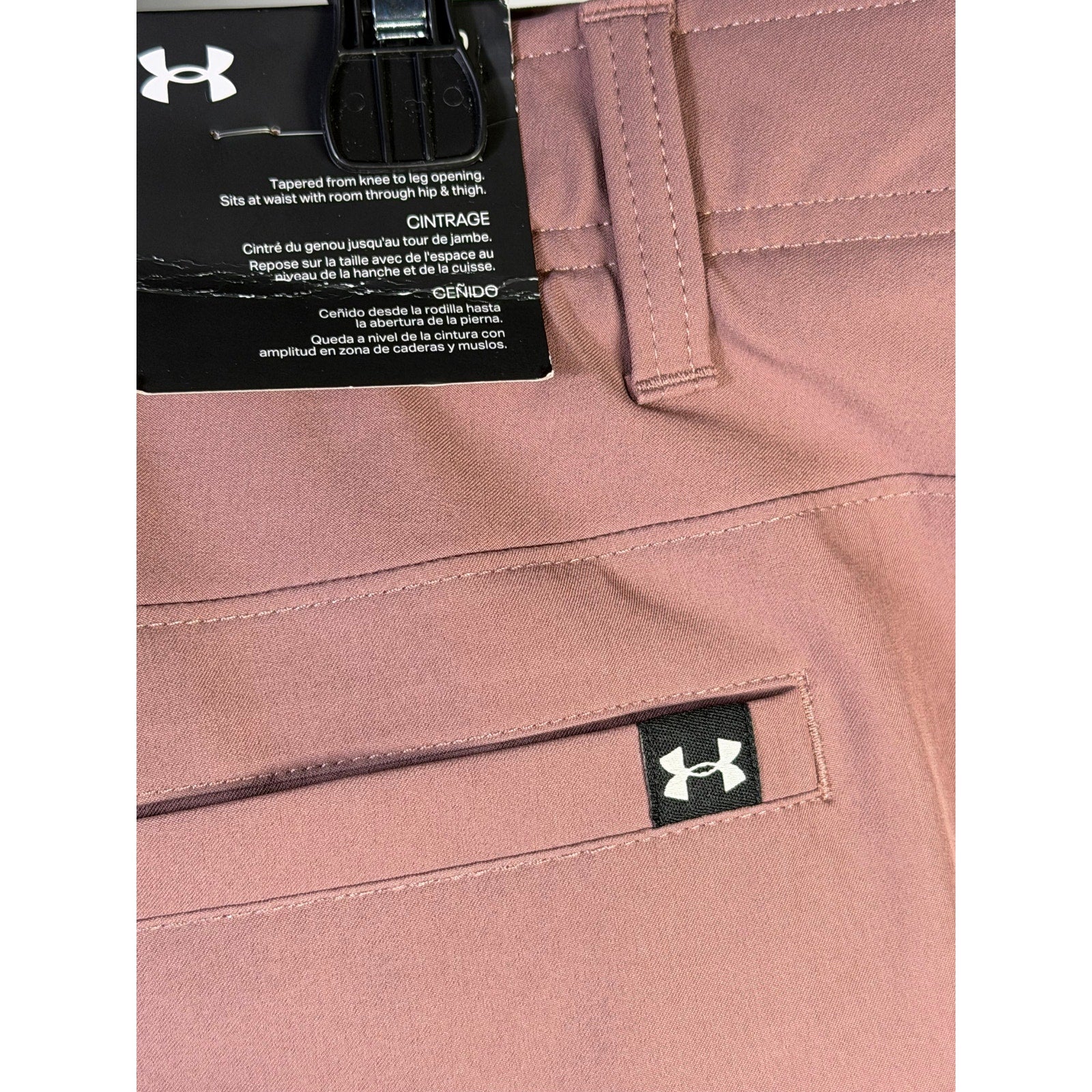 Under Armour UA Drive Tapered Golf Pants for men, maroon mist color, size 42x30, showing front view with tapered fit.