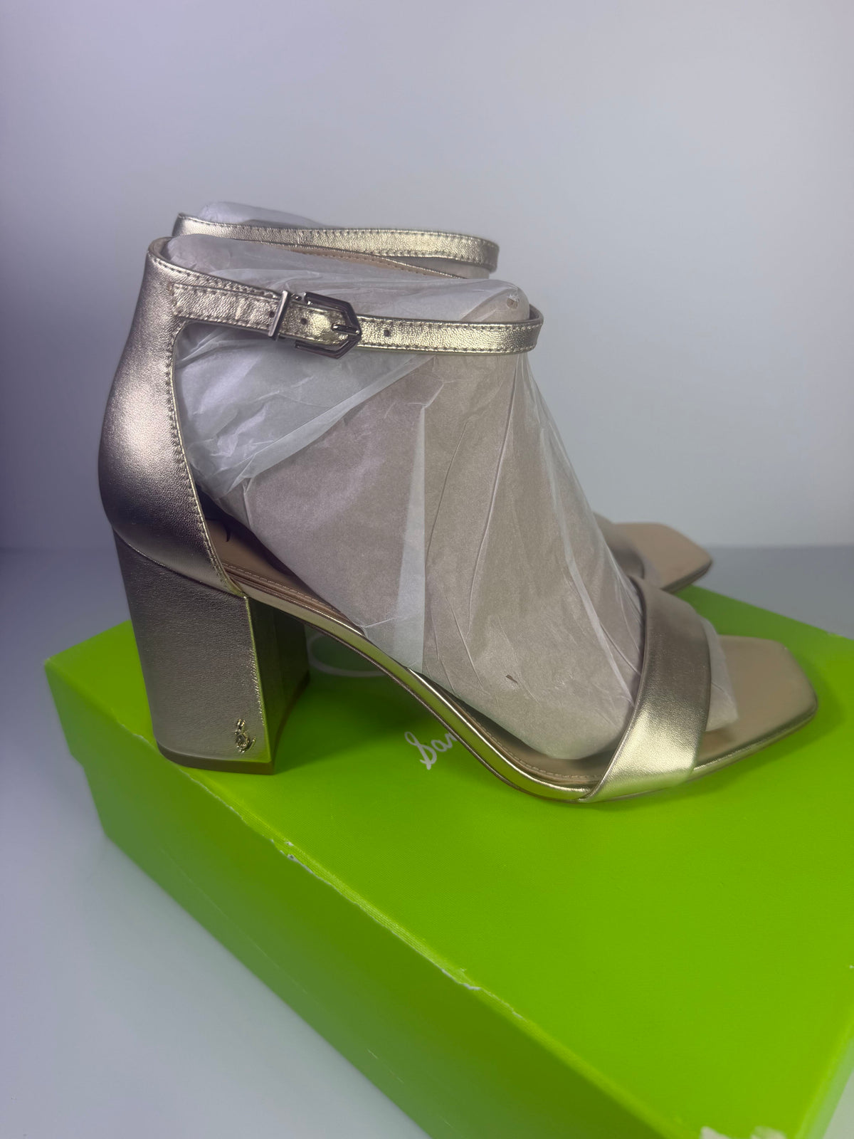 Sam Edelman gold metallic block heel ankle strap sandals for women, size 9.5, featuring stylish design and ankle strap closure.