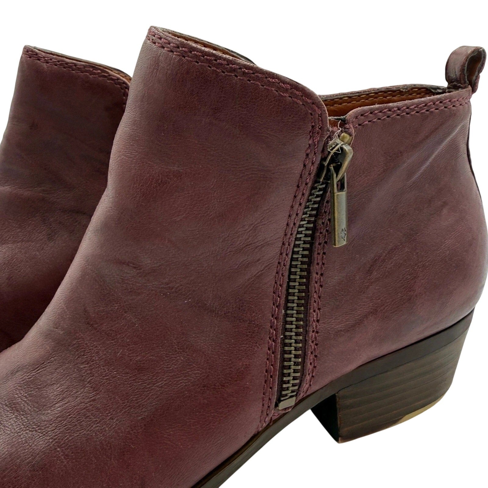 Lucky Brand Basel Burgundy Leather Ankle Booties Side Zip Stacked Heel | Size 9