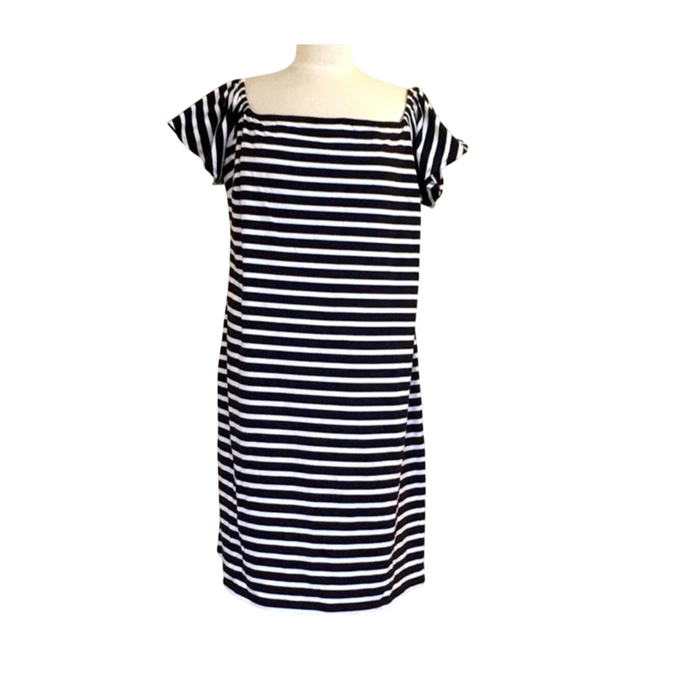 Black and white striped women’s flutter sleeve dress by Ralph Lauren, size 1X, showcasing a stylish, flowing design.