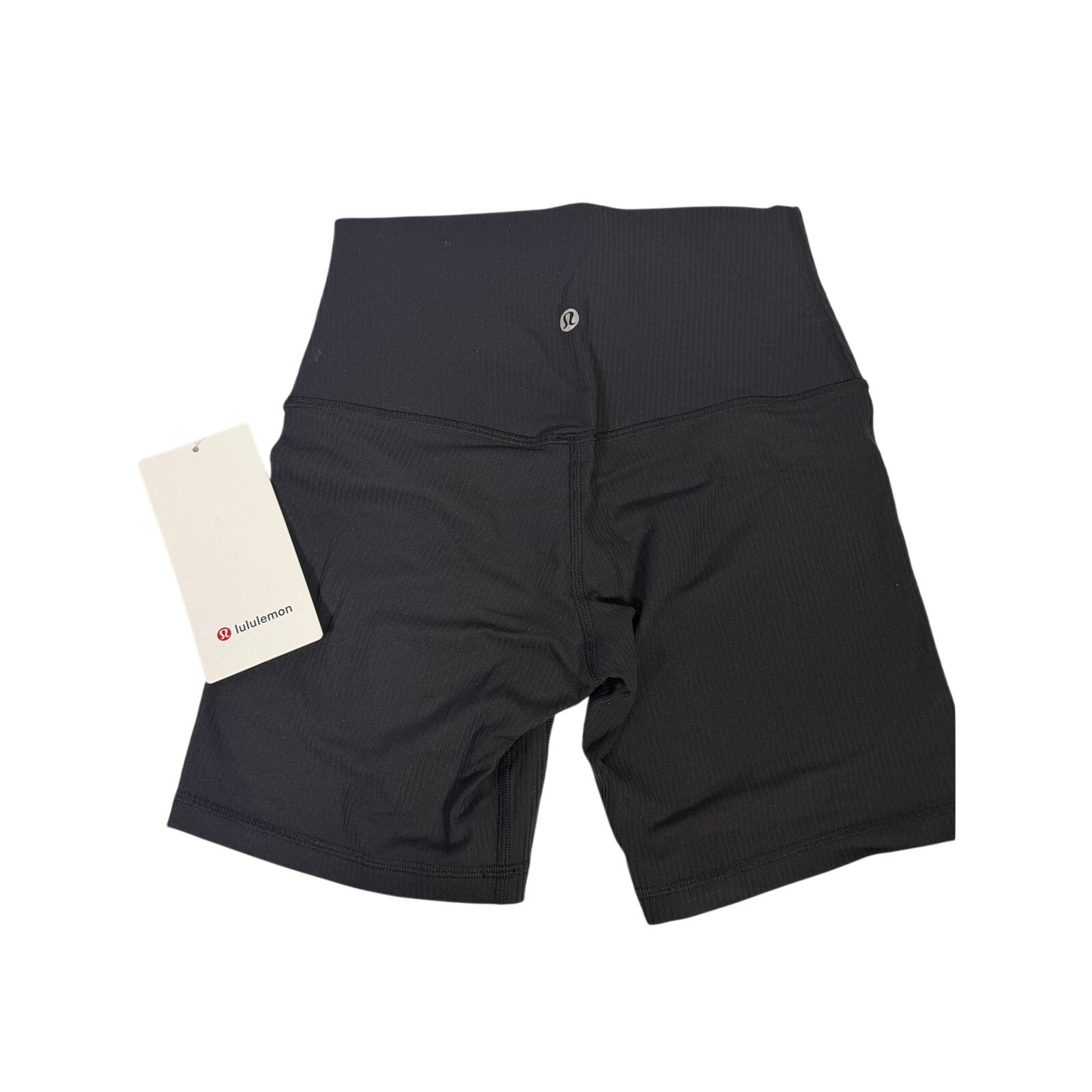 Lululemon Align Ribbed High-Rise Shorts 6-inch in black, women's size 4, showing the snug fit and ribbed fabric detail.