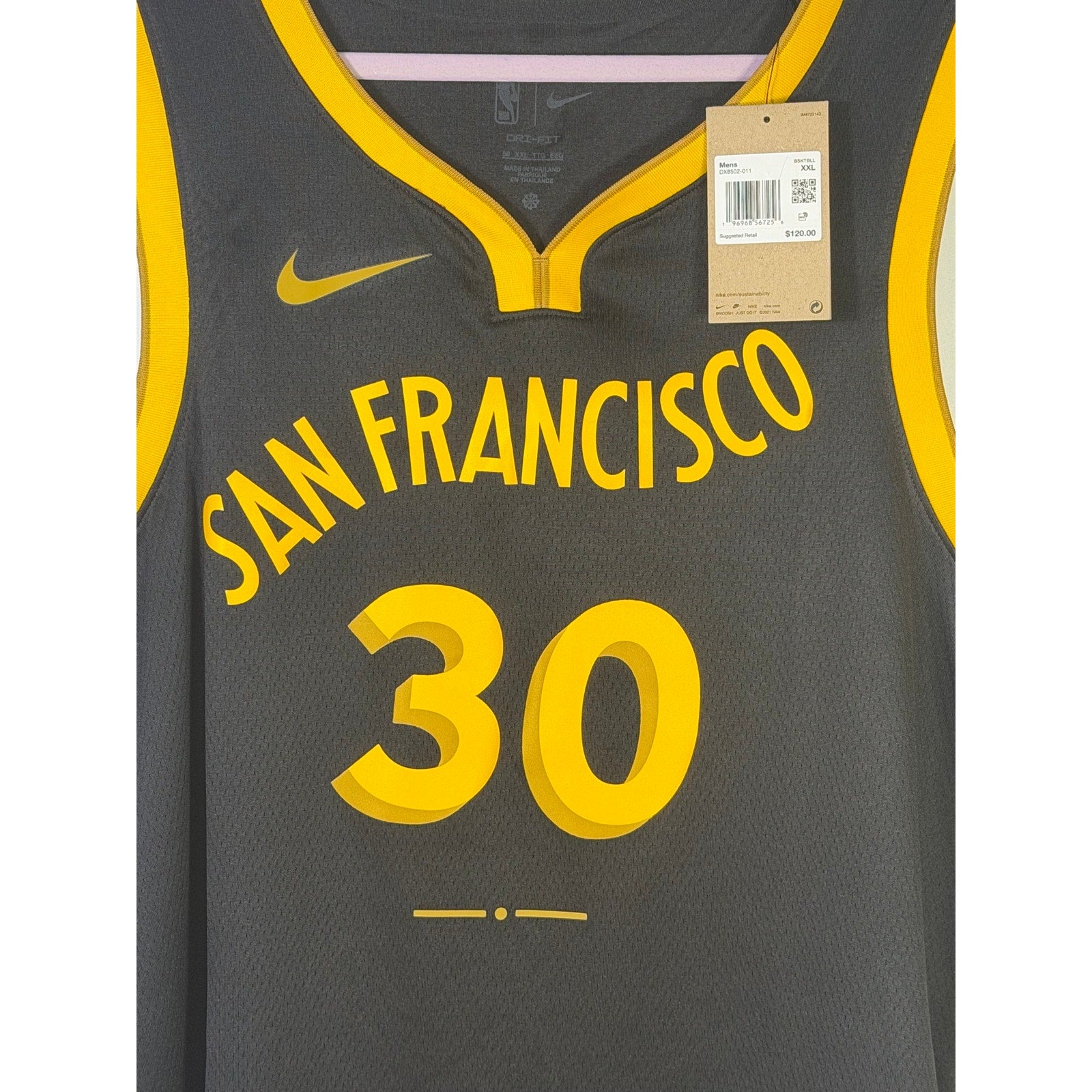 Nike Stephen Curry Golden State Warriors men's XXL black and yellow swingman basketball jersey with team logo and player details