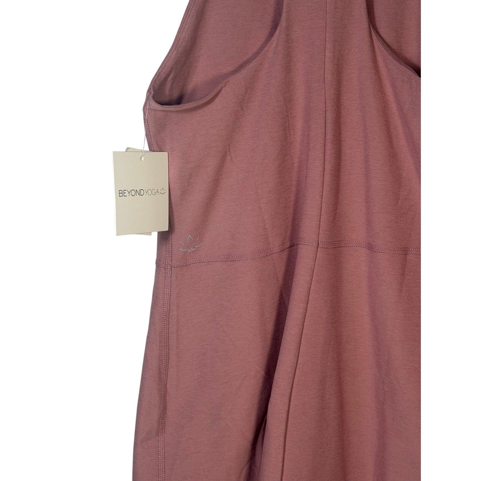 Beyond Yoga women's racerback midi tank dress in dusty rose, size M, made from soft, comfortable fabric.