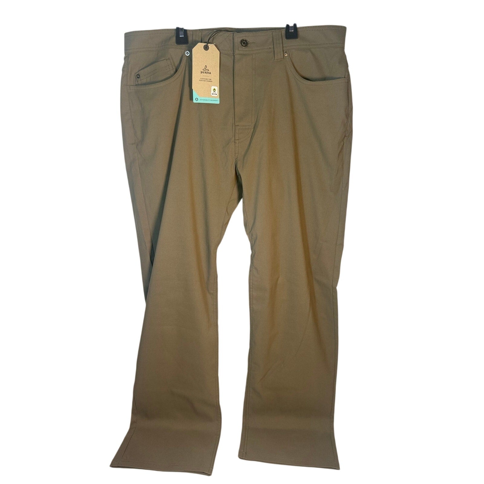 Men's prAna Brion Pants in slate green, size 36x32, made from stretch Zion fabric, shown laid flat with detail view