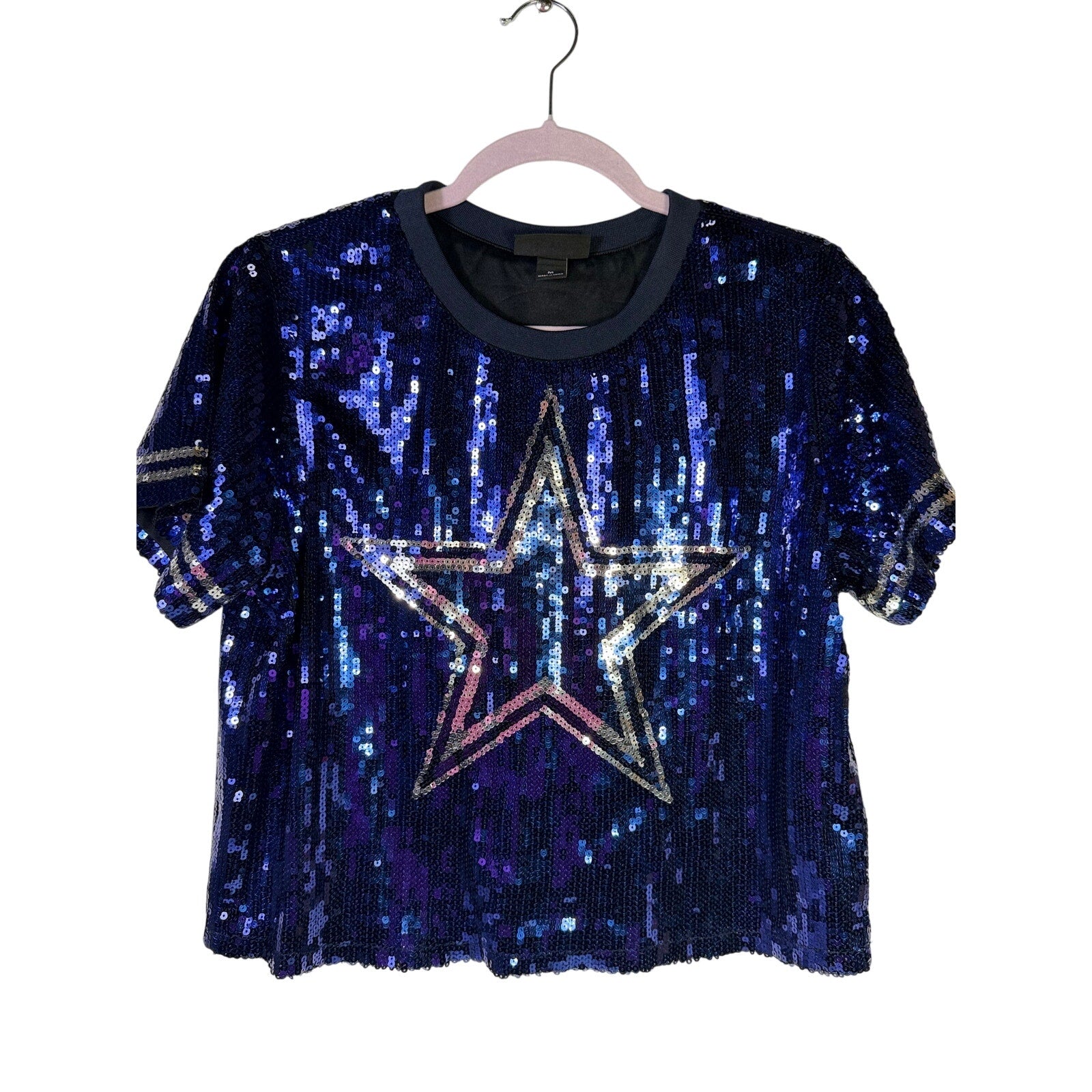 Women's navy blue T-shirt by The Wild Collective featuring a sequin Dallas Cowboys star design.