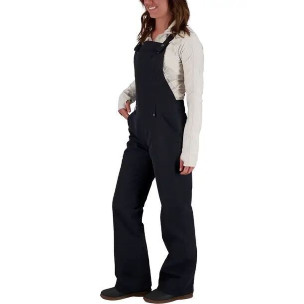 Obermeyer women's insulated ski snow bib overalls in black, size 8, showing the front view with adjustable straps and waterproof fabric.