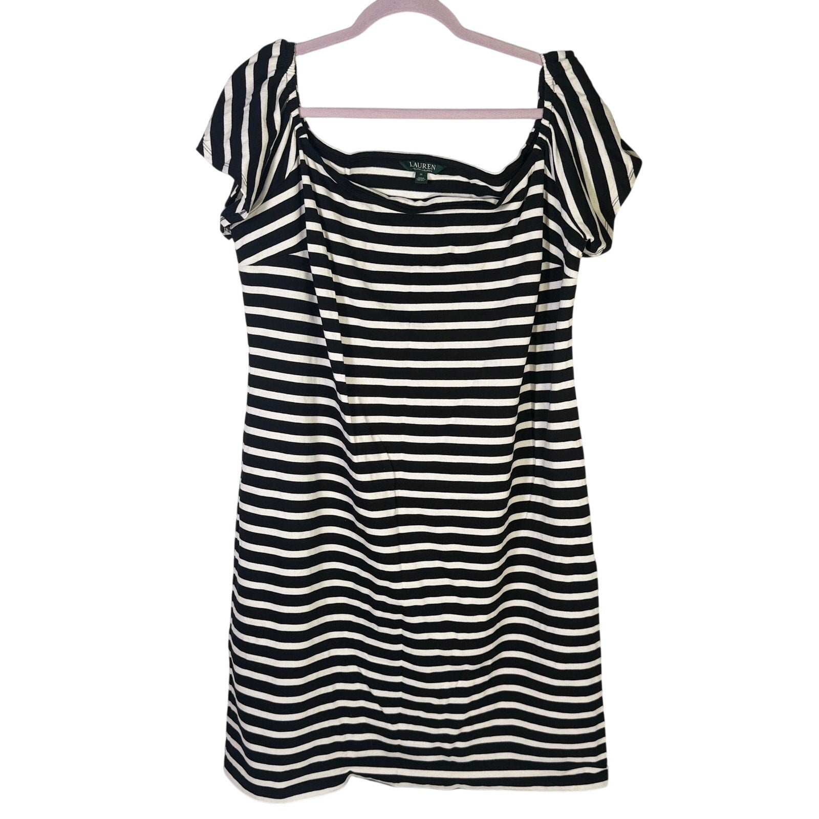 Black and white striped women's dress with flutter sleeves by Polo Ralph Lauren, size 1X, featuring a stylish and elegant design.