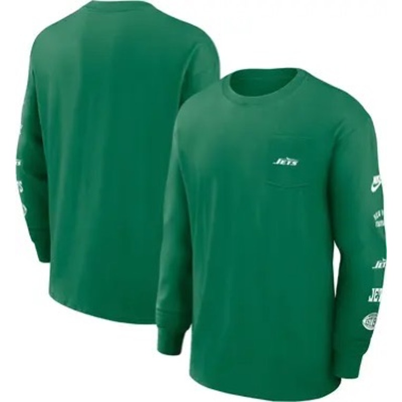 Men's Nike New York Jets Green Rewind Heavy Max90 pocket long sleeve T-shirt with Jets logo and design details.