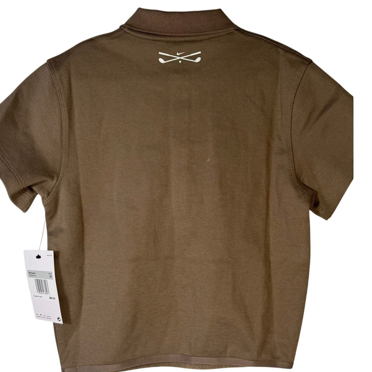Nike women's short-sleeve golf polo in mink brown, size XS, featuring a classic fit and breathable fabric.