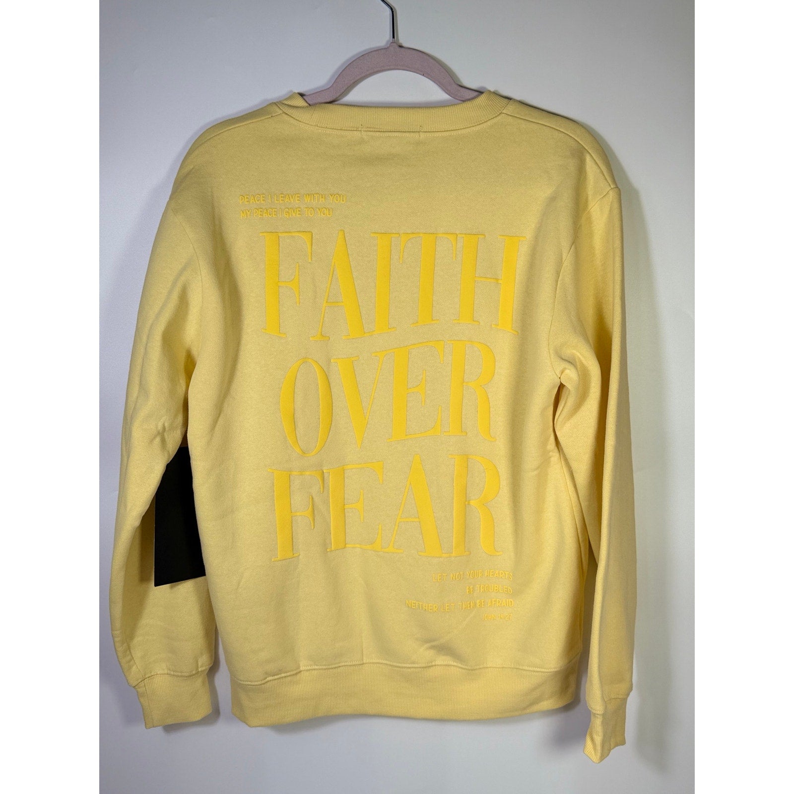 Yellow Revival Club Faith Cross crewneck sweatshirt in size S, featuring Christian design on soft cotton fabric.