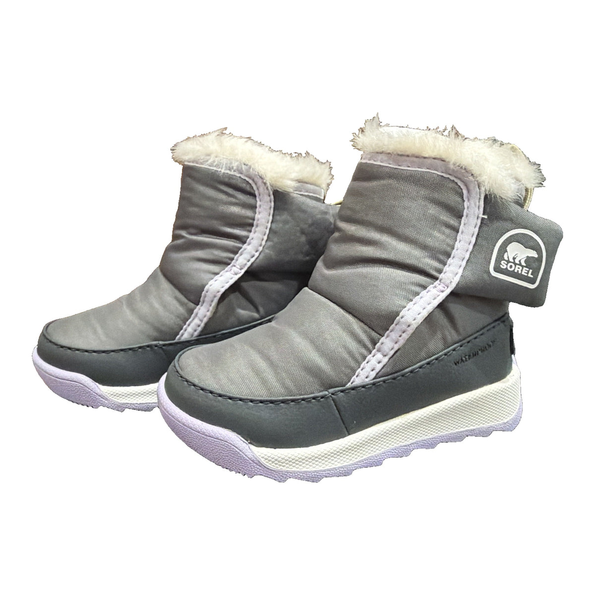 Sorel Toddler Whitney II Plus waterproof winter boots in Quarry and Lavender Cloud, size 6, new in box, with waterproof design and boots style.