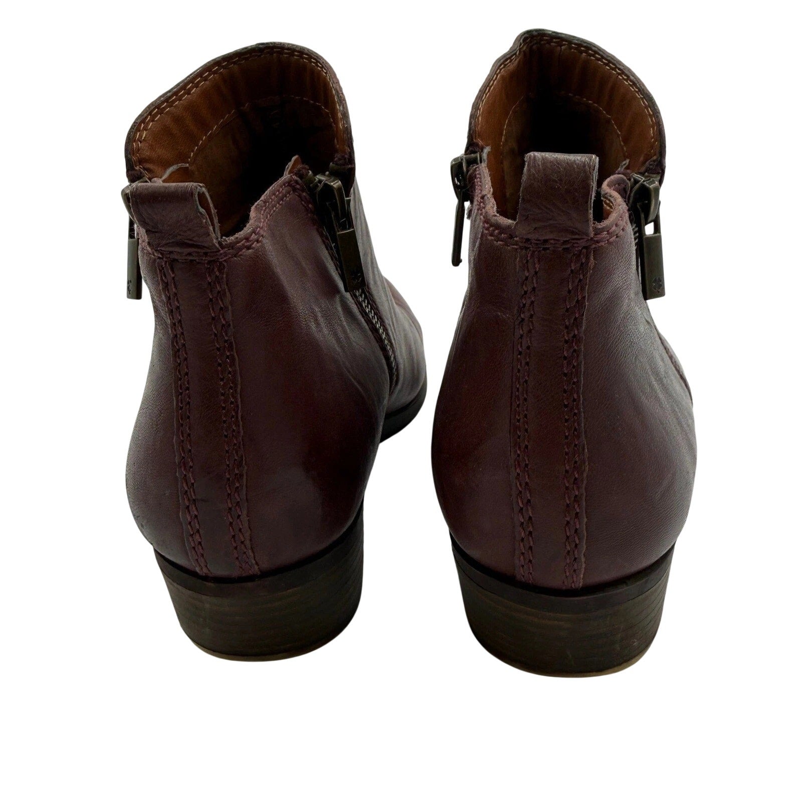 Lucky Brand Basel Burgundy Leather Ankle Booties Side Zip Stacked Heel | Size 9