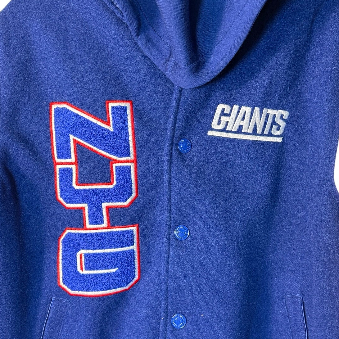 Men's New York Giants NFL varsity jacket with team logo, featuring a classic varsity design in medium size.