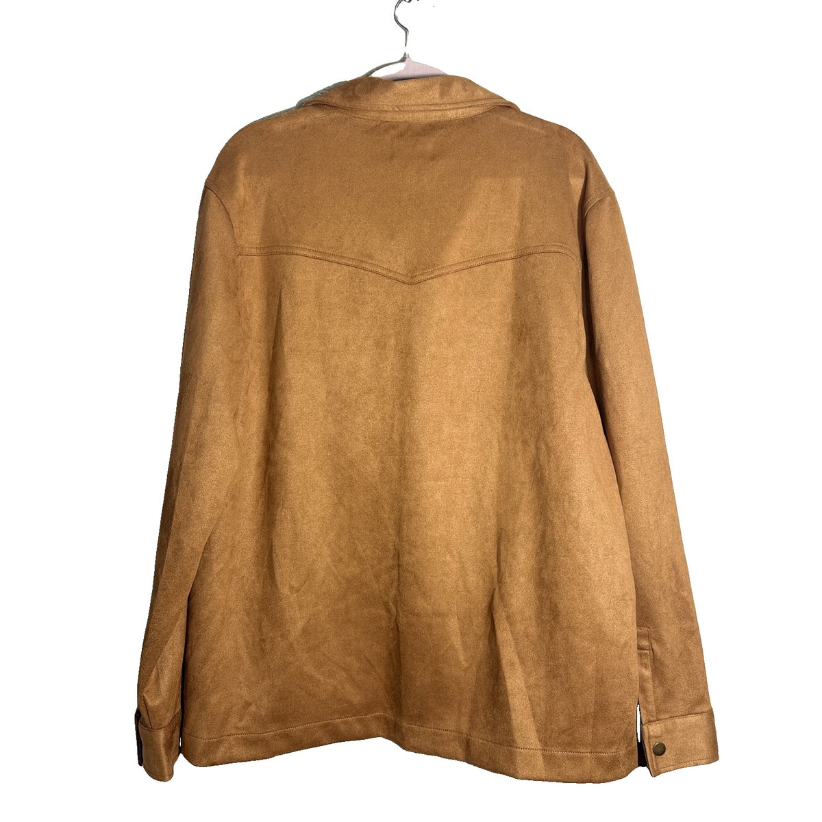 Frye men's camel tan faux suede snap button shirt jacket, size large, showing front view with collar and button details.