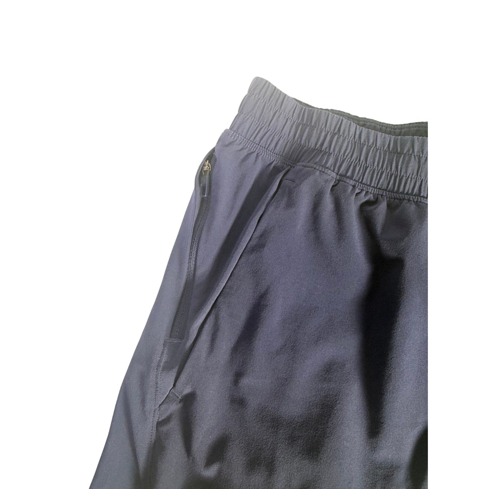 Lululemon men's navy blue athletic running shorts with elastic waistband and side pockets, size M, made for active wear.