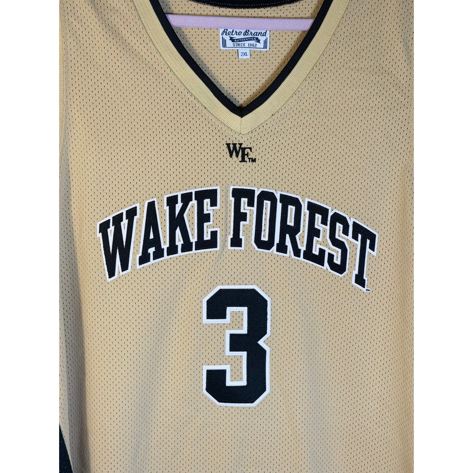 Retro Brand Wake Forest #3 men's basketball jersey in Vegas Gold, size 2XL, new with tags, front view showing team name and number.