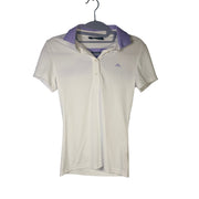 J.Lindeberg women’s white and lavender short sleeve golf polo shirt, size XS, made of breathable fabric.