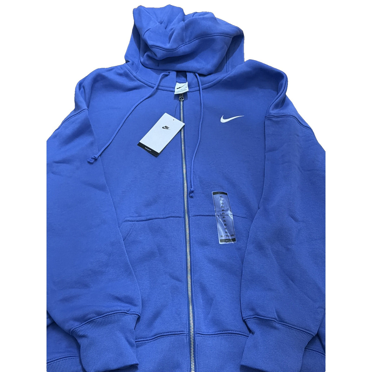 Nike Sportswear Phoenix Fleece oversized full zip hoodie for women, blue Nike sweatshirt with hood and front pockets, size XL.