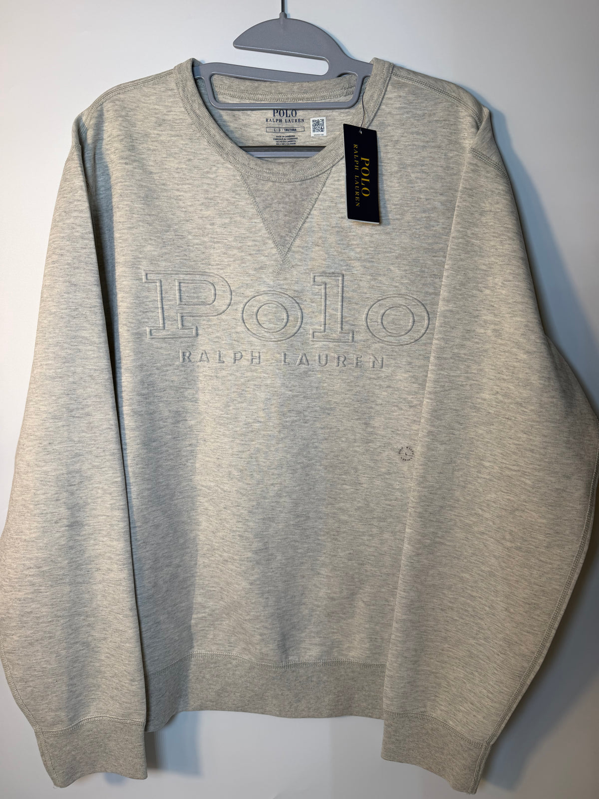 Gray Polo Ralph Lauren logo sweatshirt for men, large size, crewneck style, with visible Ralph Lauren polo emblem on front.