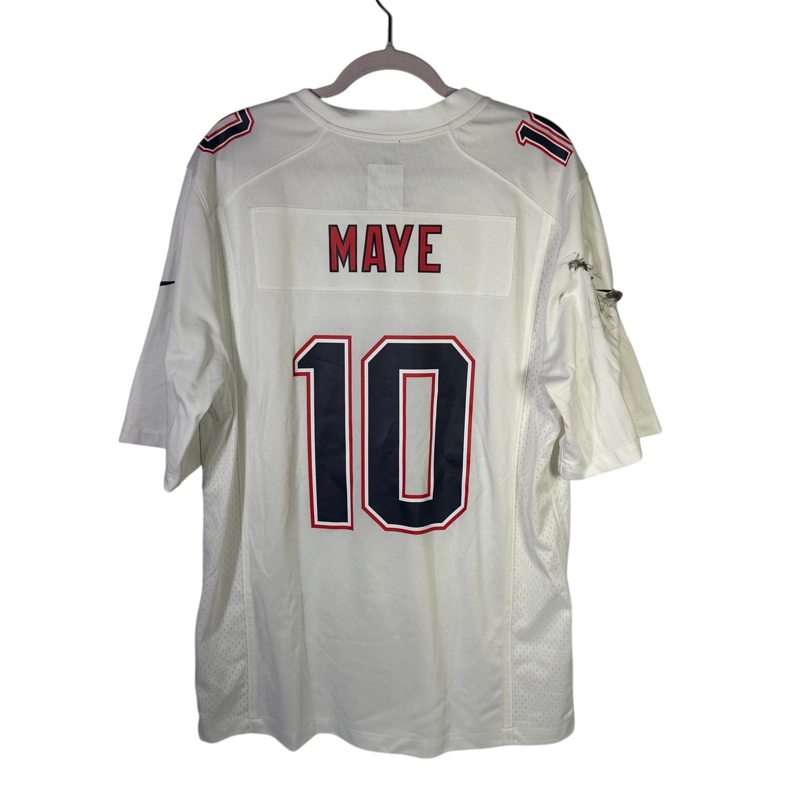 Nike NFL New England Patriots Drake Maye #10 white jersey for men, showing the front view with team logo and player number.