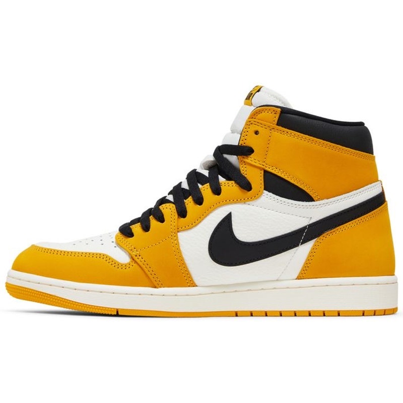 Nike Air Jordan 1 Retro High OG Yellow Ochre athletic shoes in grade school size 6Y, new in box, front view with yellow accents.