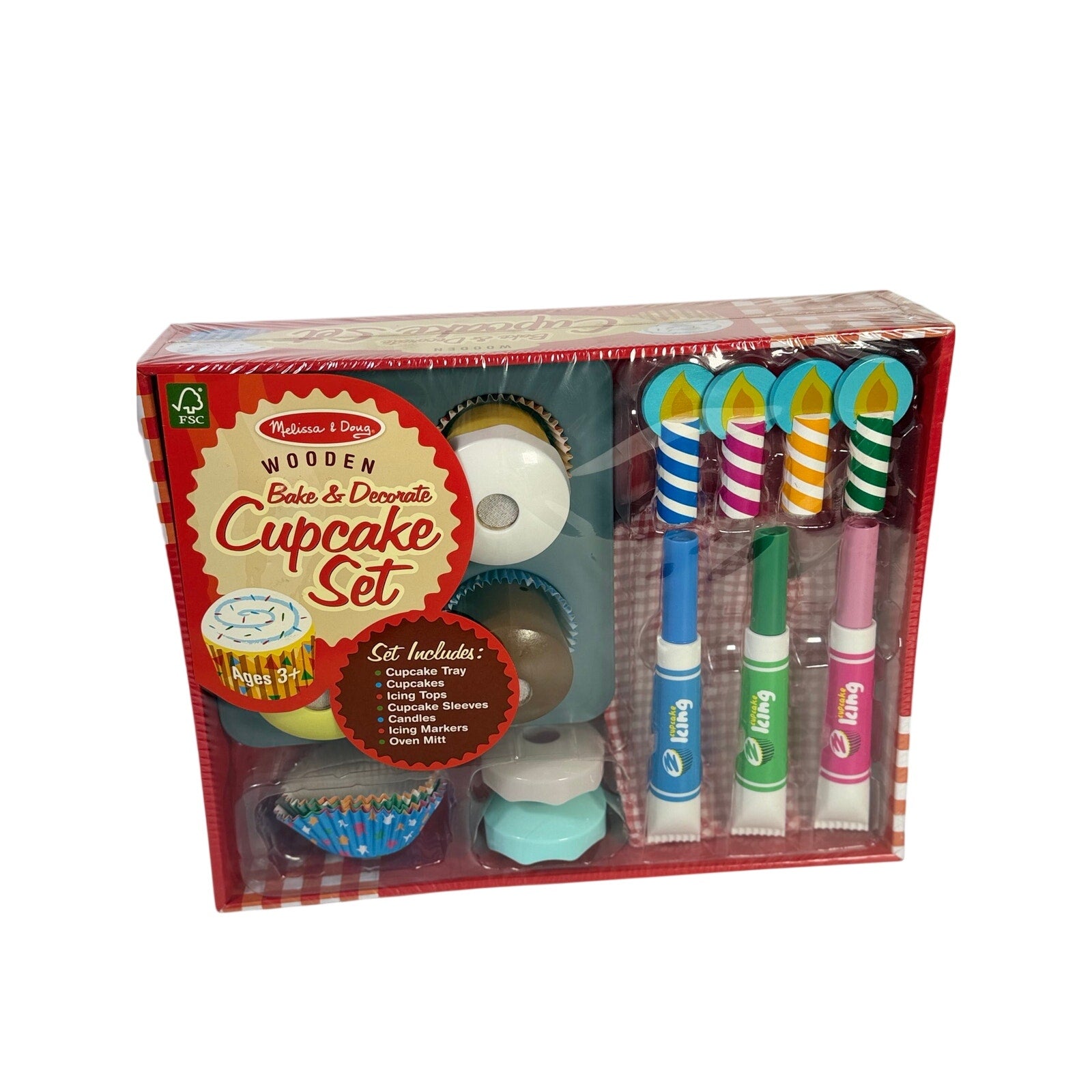 Melissa & Doug wooden cupcake set with pretend baking tools and colorful cupcakes for kids' play kitchen and pretend baking.