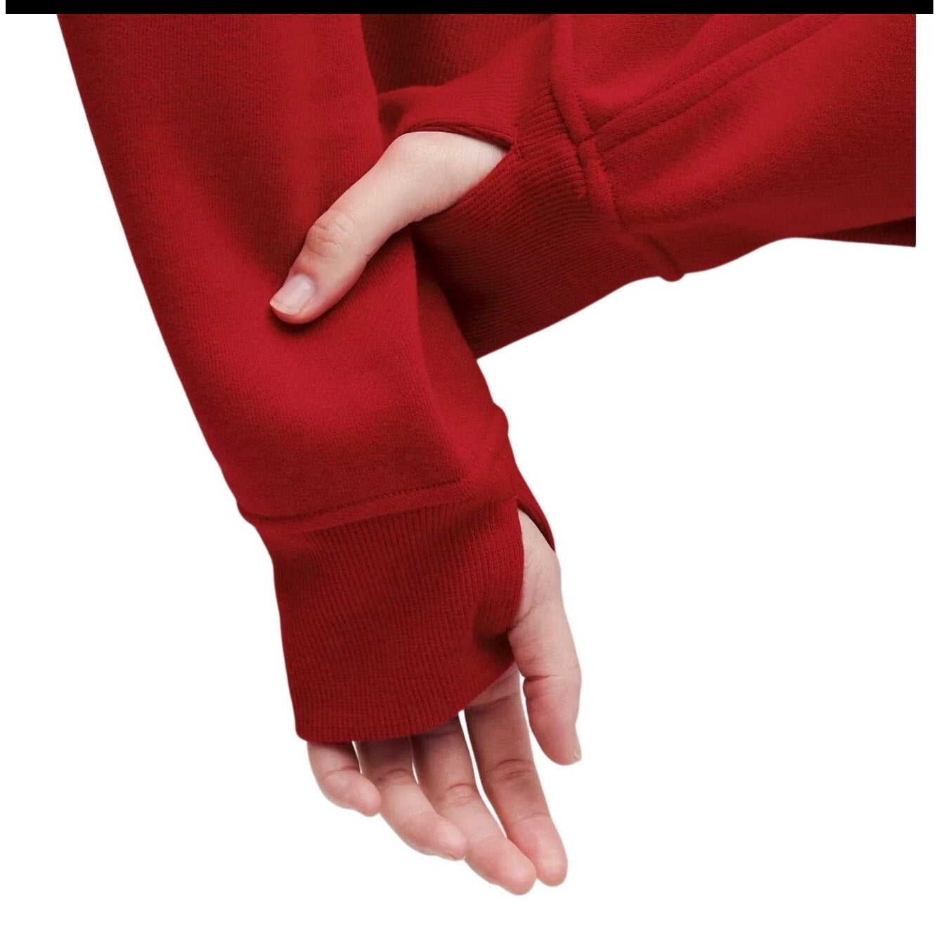 Lululemon Scuba oversized crewneck sweatshirt in dark red, front view showing relaxed fit and soft fabric, size M/L.