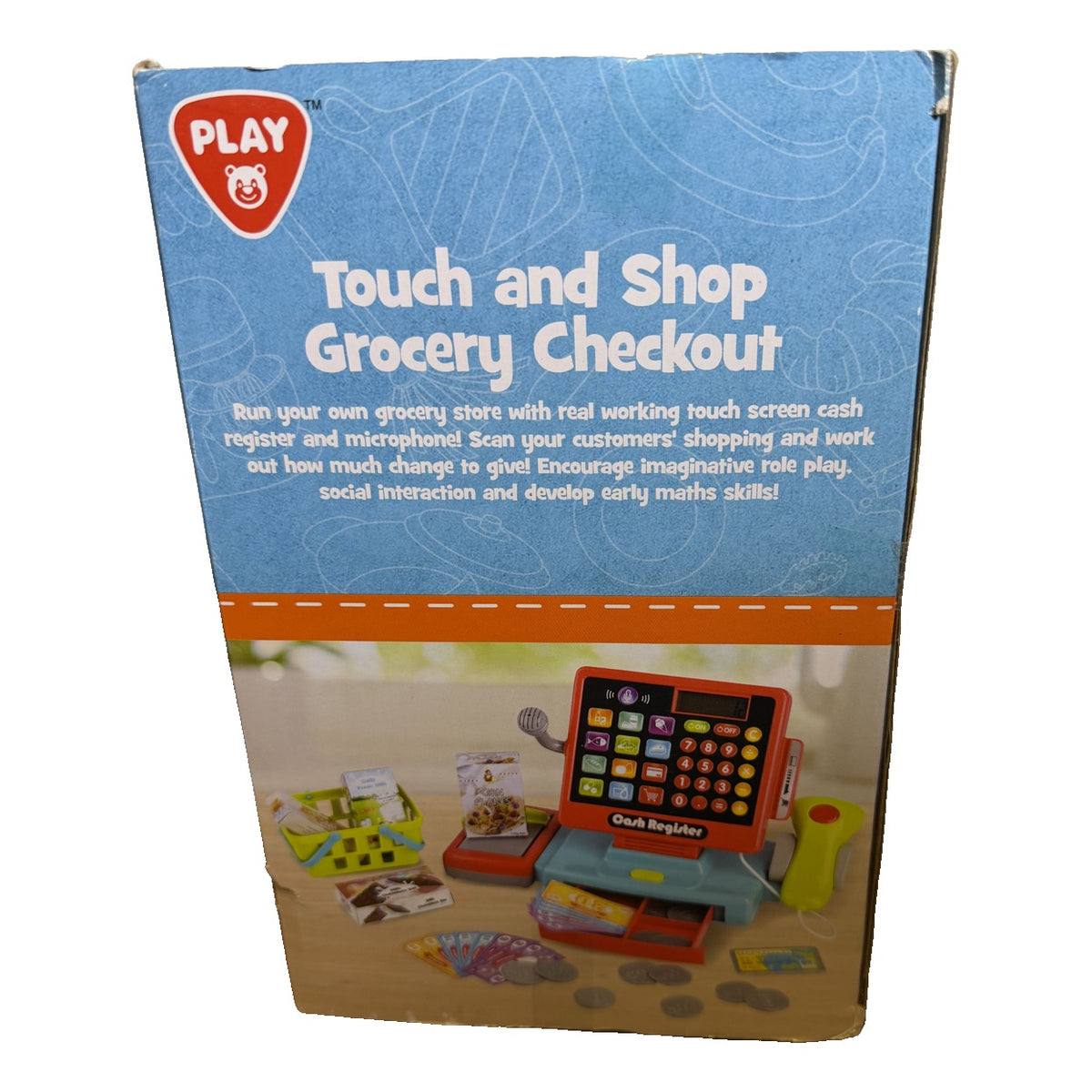 PlayGo Touch and Shop grocery checkout cash register toy set with scanner, microphone, and play money for pretend play.