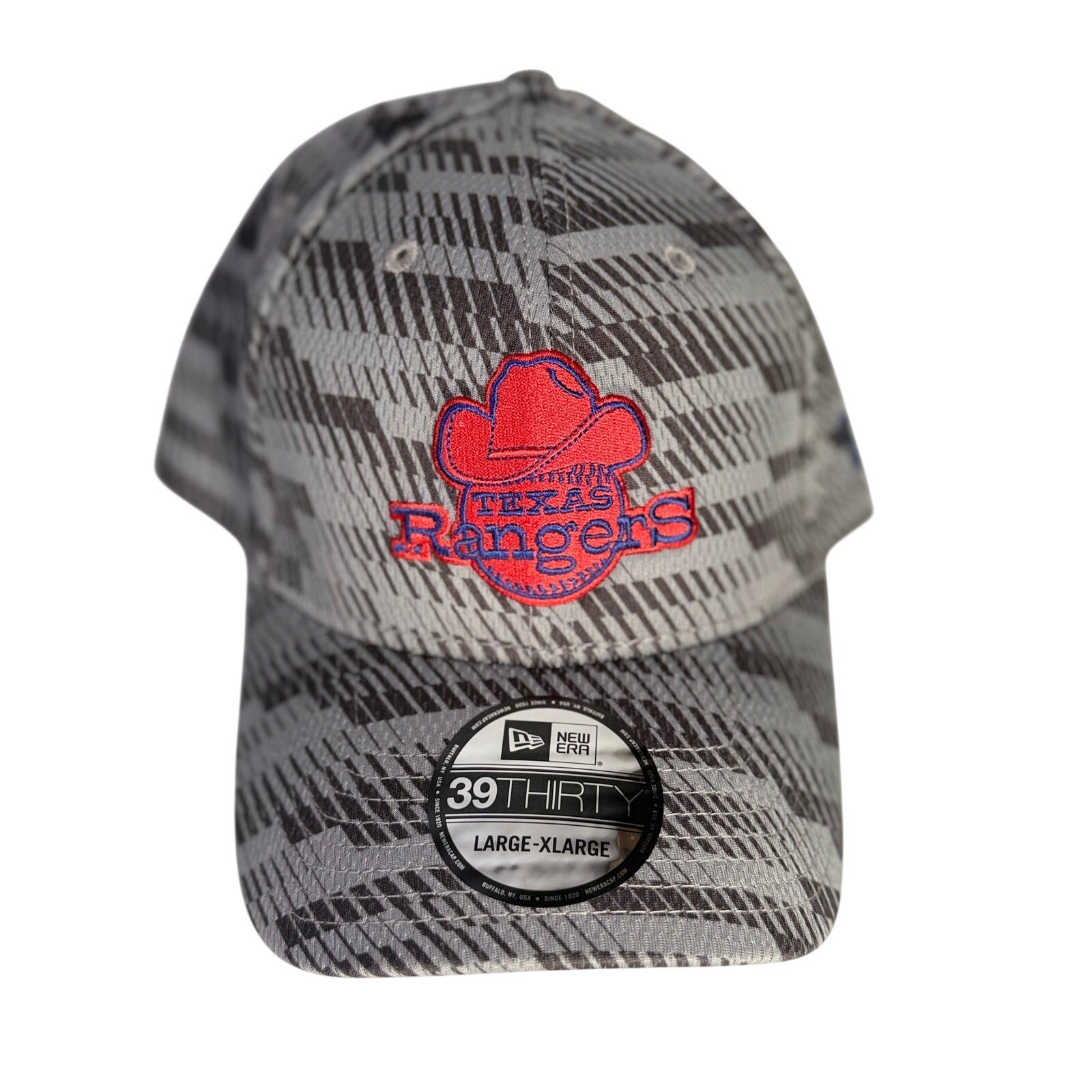 New Era Texas Rangers gray camo 39THIRTY flex fit hat, large/X-large size, MLB cap, stylish and comfortable headwear