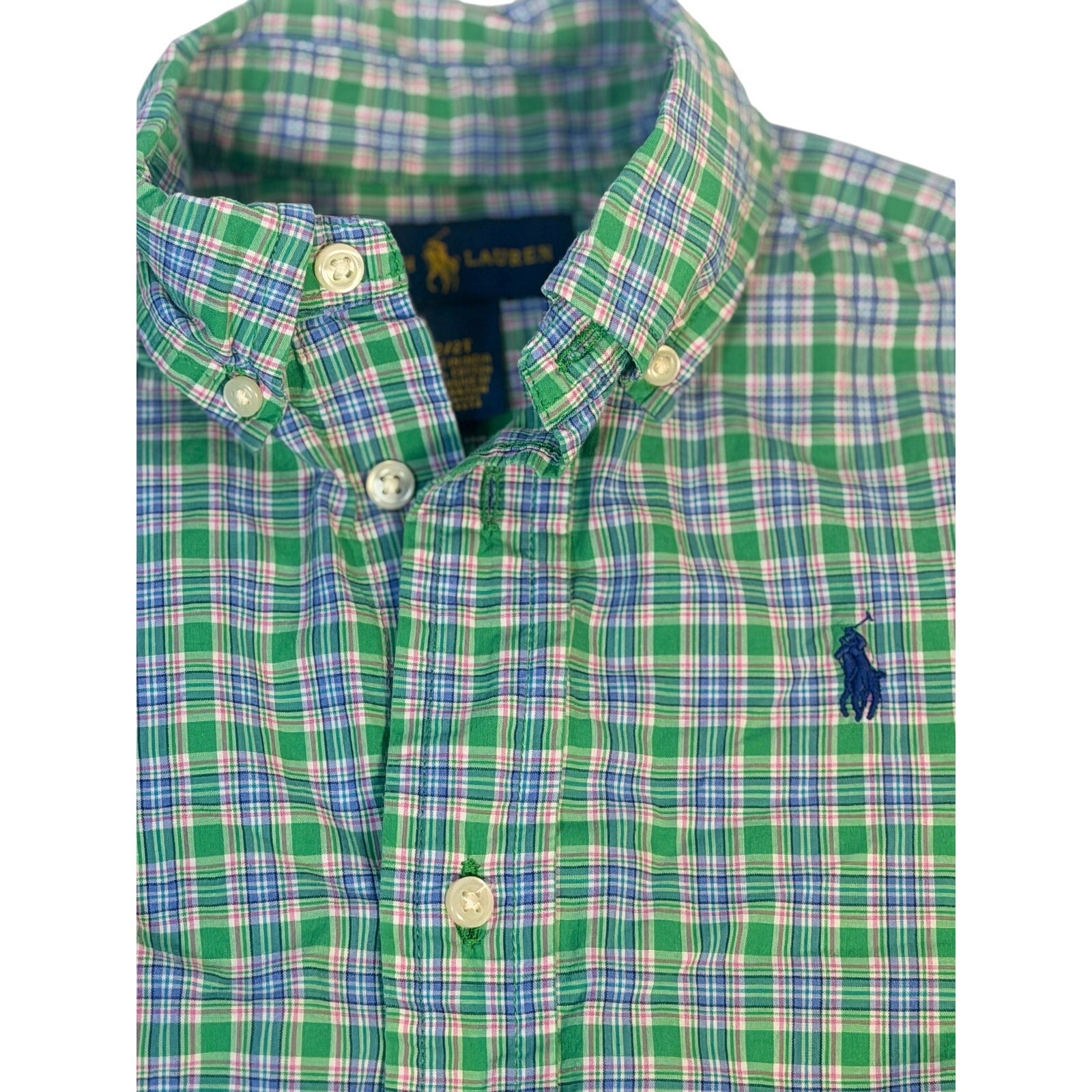 Ralph Lauren toddler boys plaid button-down shirt in green and blue, size 2/2T, featuring a classic collar and front buttons.
