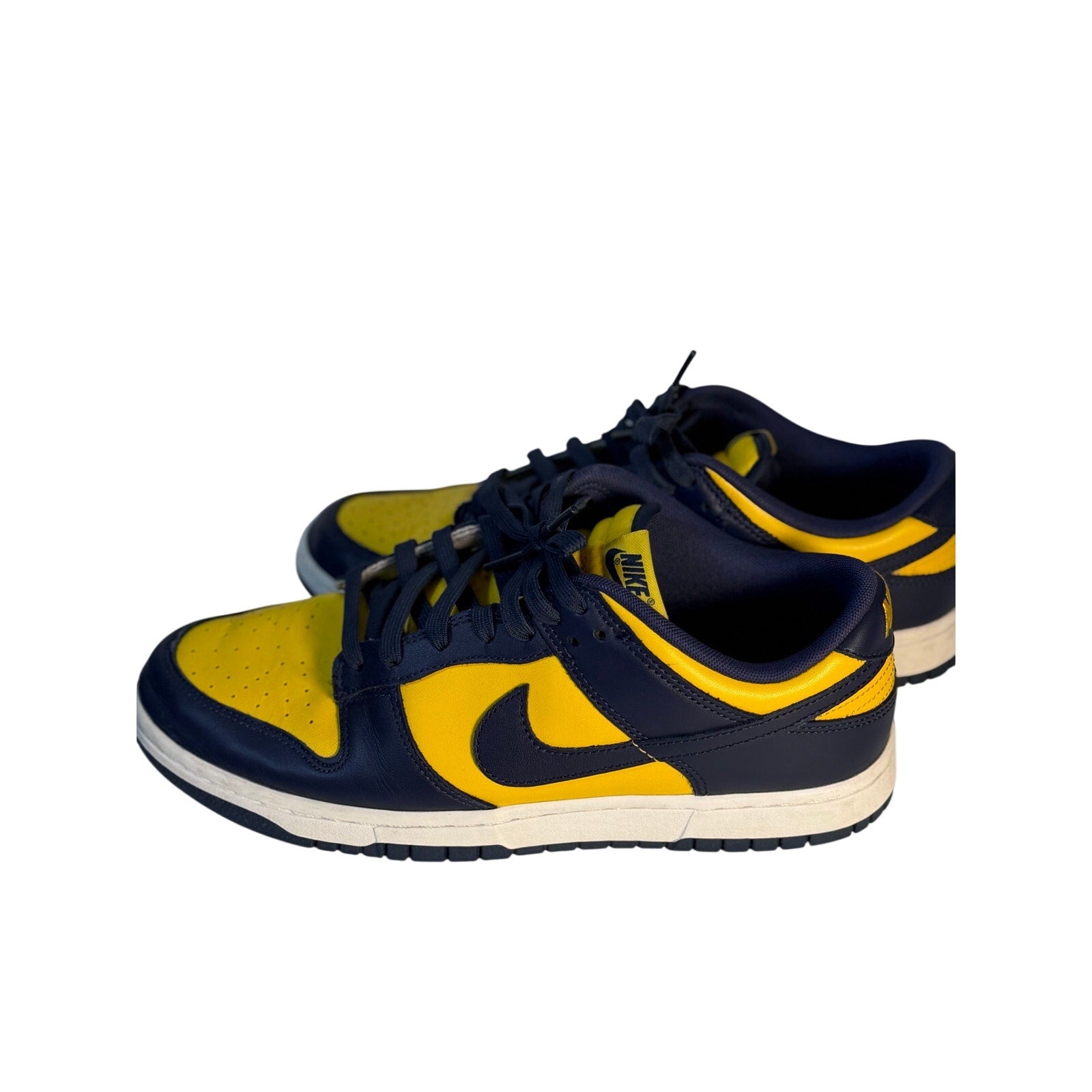Nike Dunk Low Michigan Navy Yellow leather sneakers for men, US size 11, featuring navy and yellow color blocking on the shoes