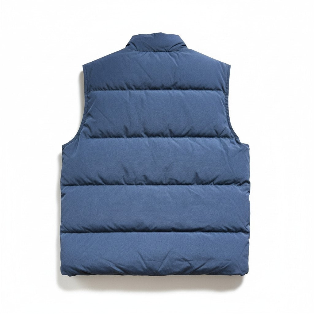 Alpine Design men's blue insulated puffer vest with snap front closure, lightweight and warm, perfect for layered outdoor wear.