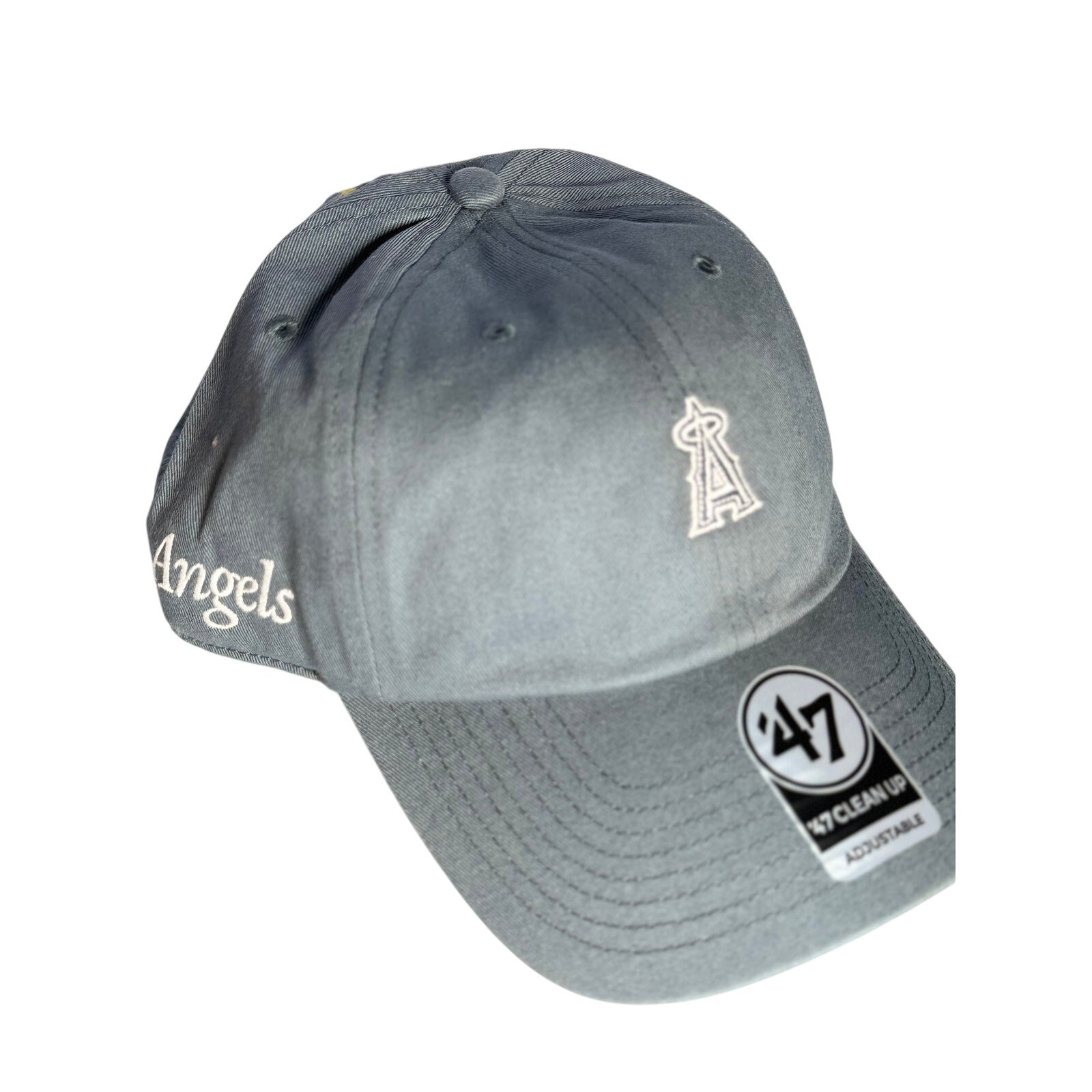 Gray adjustable MLB Los Angeles Angels hat by '47 Brand, featuring the team's logo on the front and a curved brim.
