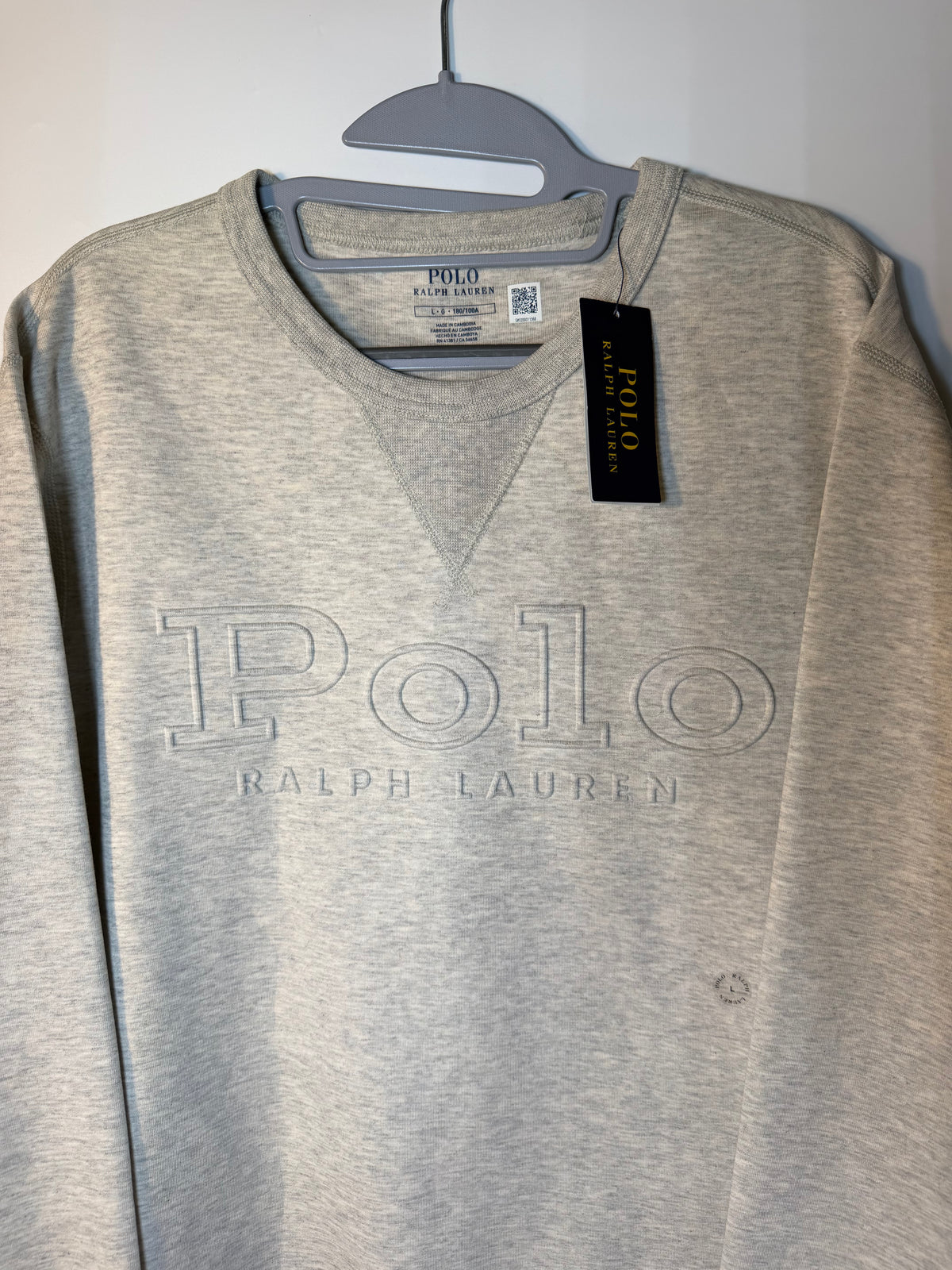 Gray Polo Ralph Lauren men's logo sweatshirt with crewneck, large size, featuring the classic Polo Ralph Lauren logo on the front.